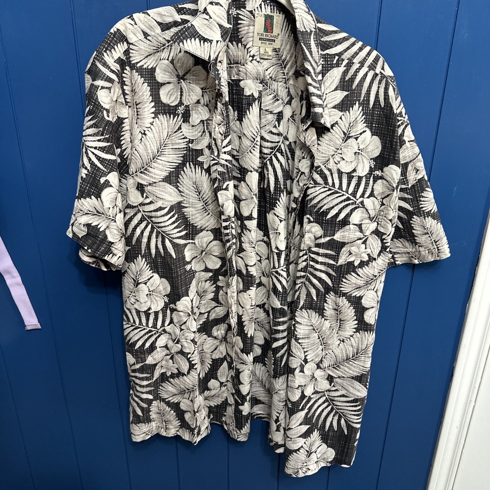 Tori Richard Mens Large Hibiscus Heliconia Arecca White on Black 100%‎ Cotton